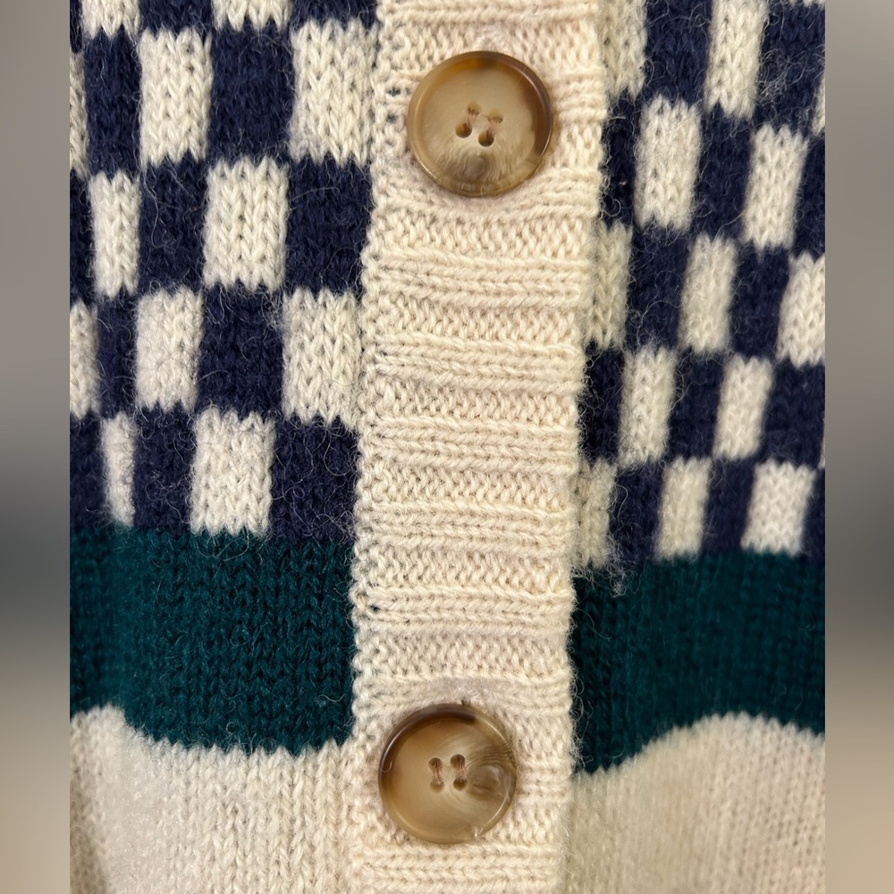 Vintage Jayson Younger Shetland Wool Oversized Checkered Knit Cardigan Size S - Picture 9 of 12